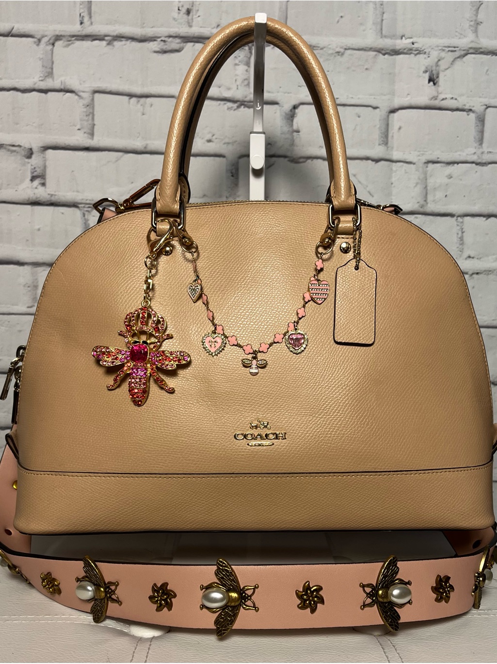 Coach Tan Pebbled Leather Dome Satchel With Blush Pink Leather Charm Strap